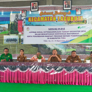 Sosialisasi Jaminan Sosial Ketenagakerjaan Terkait Ekosistem Desa Dalam Menuntaskan Kemiskinan Masyarakat Serta Penambahan Manfaat Program Kepada Pemerintah Desa se-Kabupaten Toba di Kecamatan Laguboti